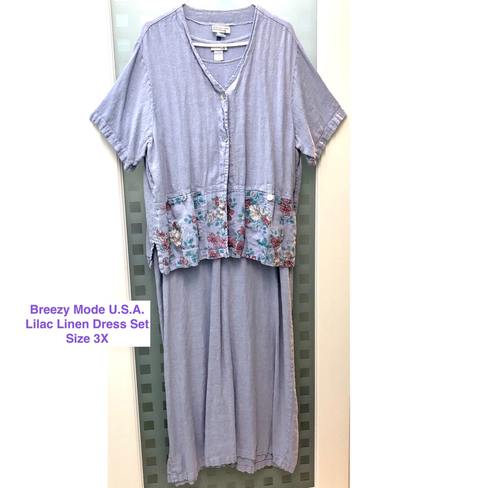 🎉HP🎉 BREEZY MODE Lilac Floral Linen Maxi Dress + Jacket 2 Pc Set Vintage 3X